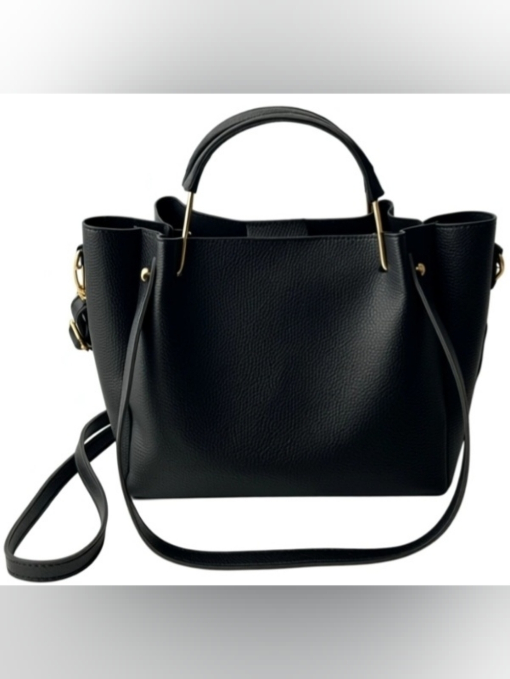 NWOT Classic Black Leatherette Top-Handle Tote with Crossbody Strap